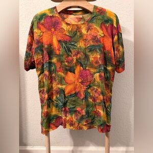 Vintage 1990s Tropical Floral Short Sleeve Blouse-C